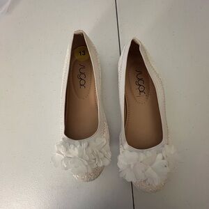 SUGAR LITTLE GIRLS FLORAL EMBELLISHED FLATS GLITTER W/ CHIFFON FLOWERS SZ 13